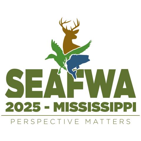 The logo for the SEAFWA 2025 conference which says 'SEAFWA 2025 - Mississippi - Perspective matters' in green text accompanied by the sillhouette of a deer, duck, and fish