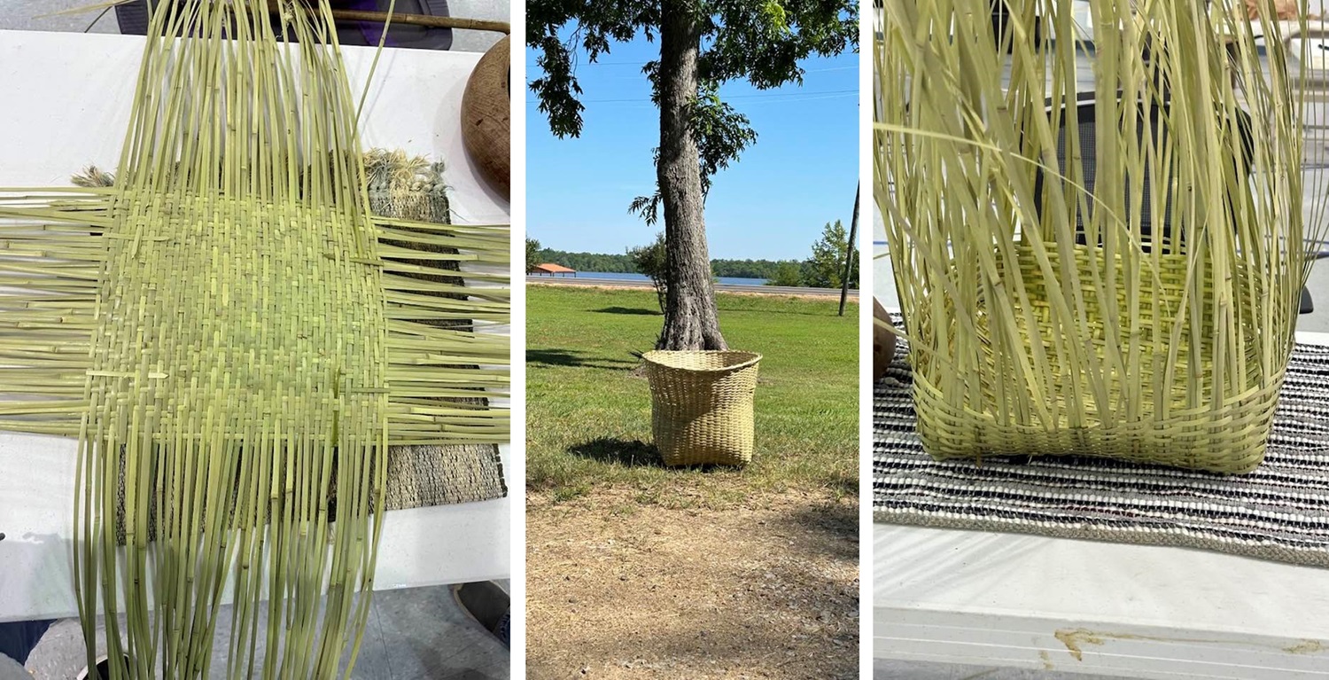 Collage of photos of baskets in different stages of weaving.