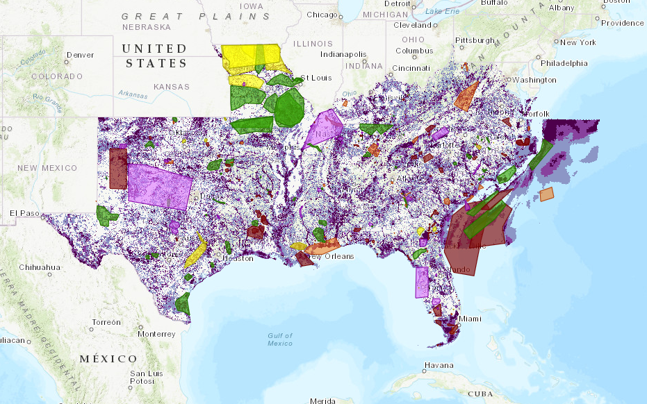 Map of the Southeast Blueprint in shades of purple with multicolored polygons drawn on top of it, representing spatially explicit workshop comments.