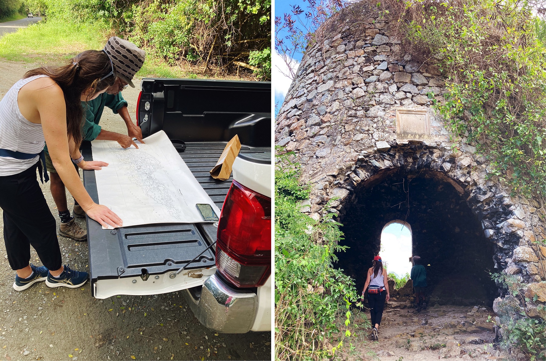 In the left photo, two people look at a map on the open tailgate of a white pickup truck. In the right photo, two people walk under an archway into a stone tower