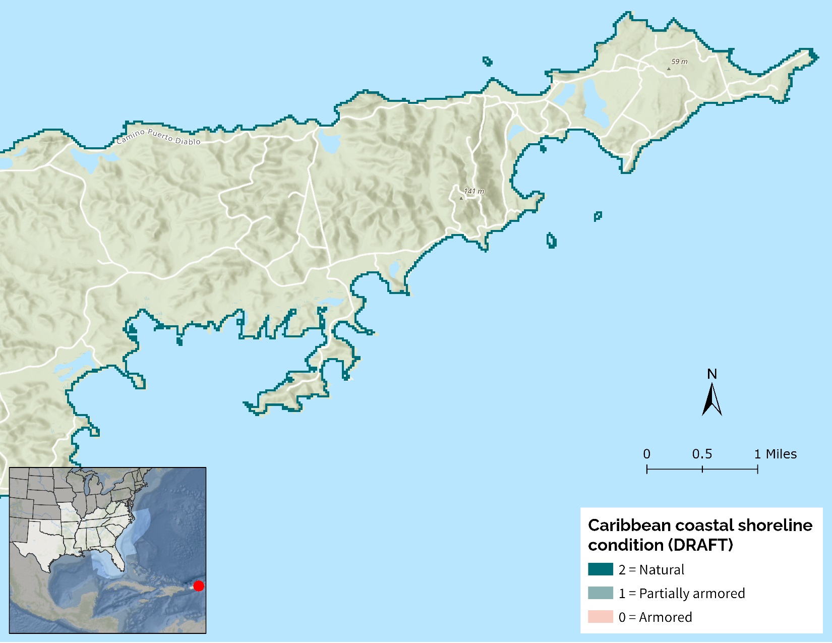 Map of the draft Caribbean coastal shoreline condition indicator showing a natural shoreline score on the coast of Vieques National Wildlife Refuge in Puerto Rico.