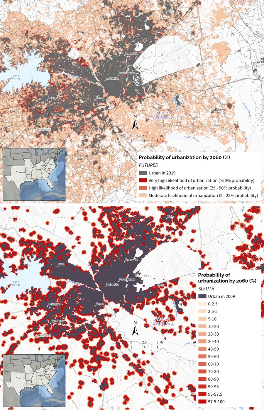 Map of two urbanization models for the same area showing different shades of red.