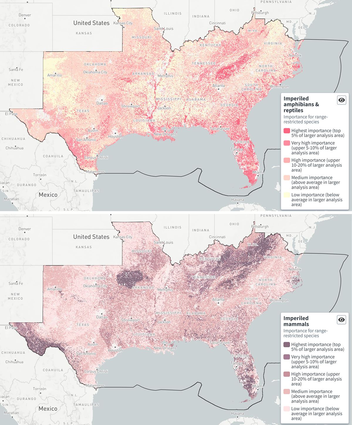 Maps of two new indicators in the 2025 version of the Southeast Blueprint - imperiled amphibians & reptiles and imperiled mammals. These maps show brightly colored priority areas against a gray basemap.