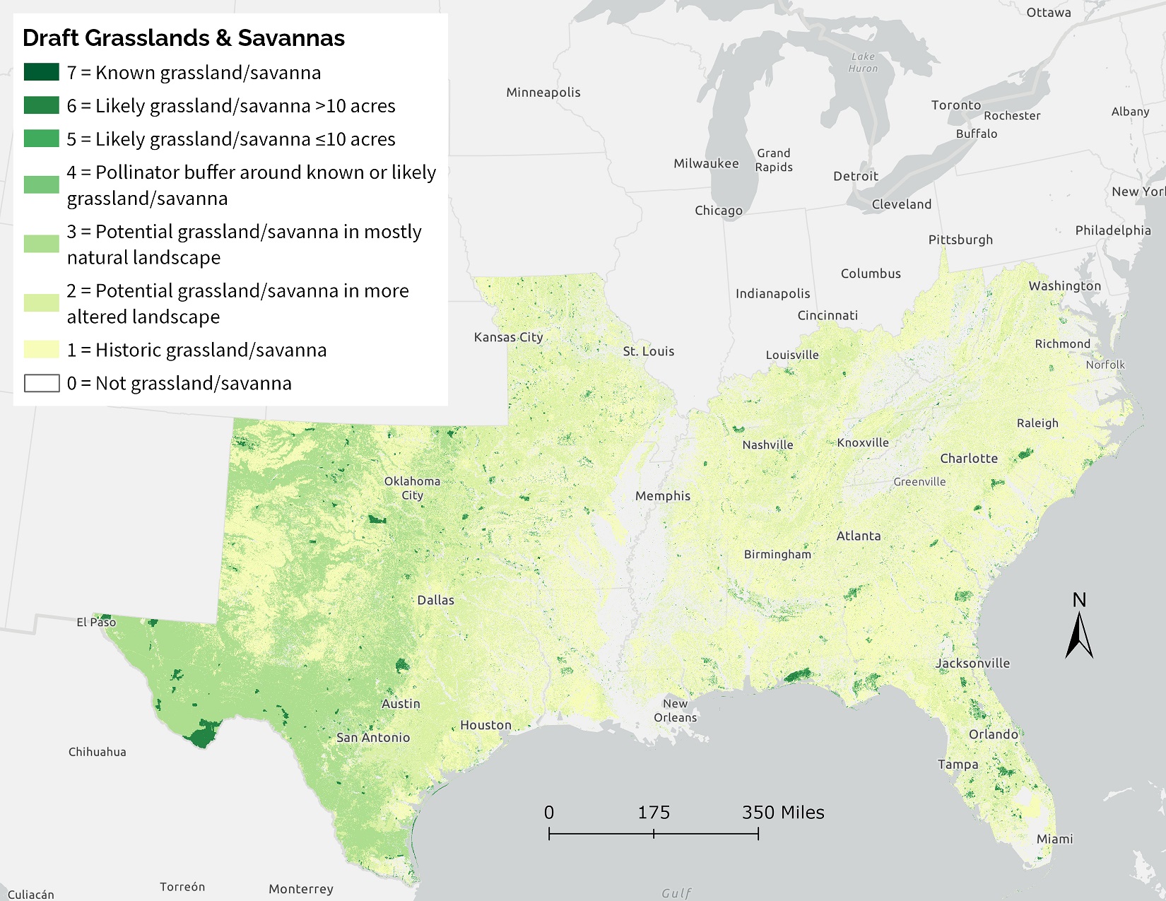 Map of the draft grasslands and savannas indicator showing known, potential, and historic grasslands/savannas and surrounding pollinator buffers in shades of green on a grey basemap.