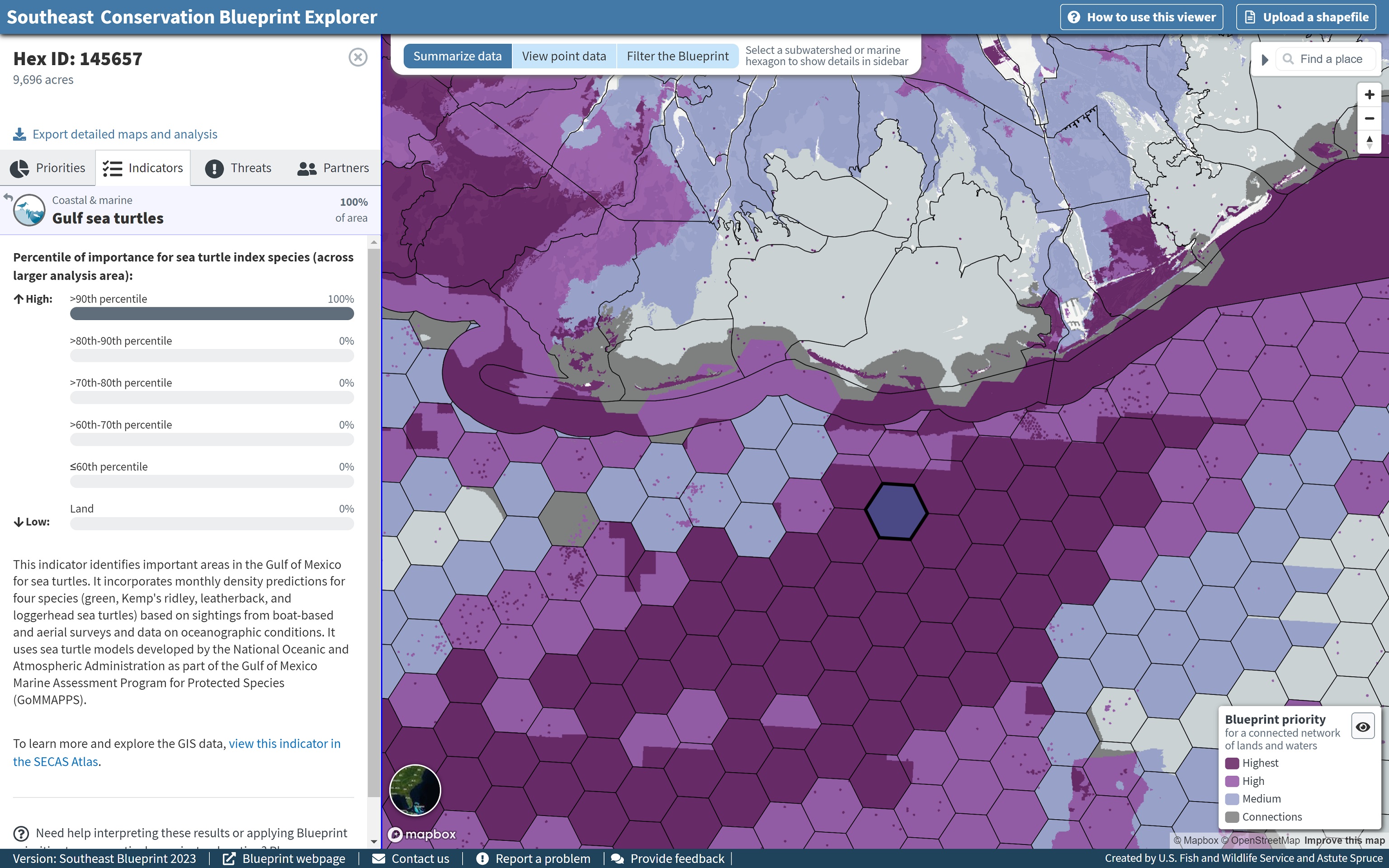 Screenshot of Explorer with marine hexagon selected, showing a map of the Blueprint in shades of purple above a gray basemap, and a sidebar on the left indicating that 100% of the hexagon receives the highest score on the Gulf sea turtles indicator