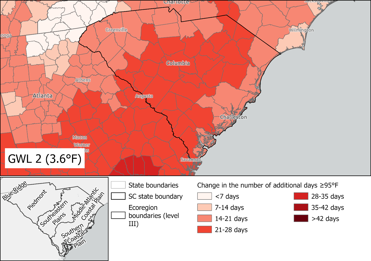 Map showing increase in number of extremely hot days in shades of red. The entire state of SC is in some shade of red.