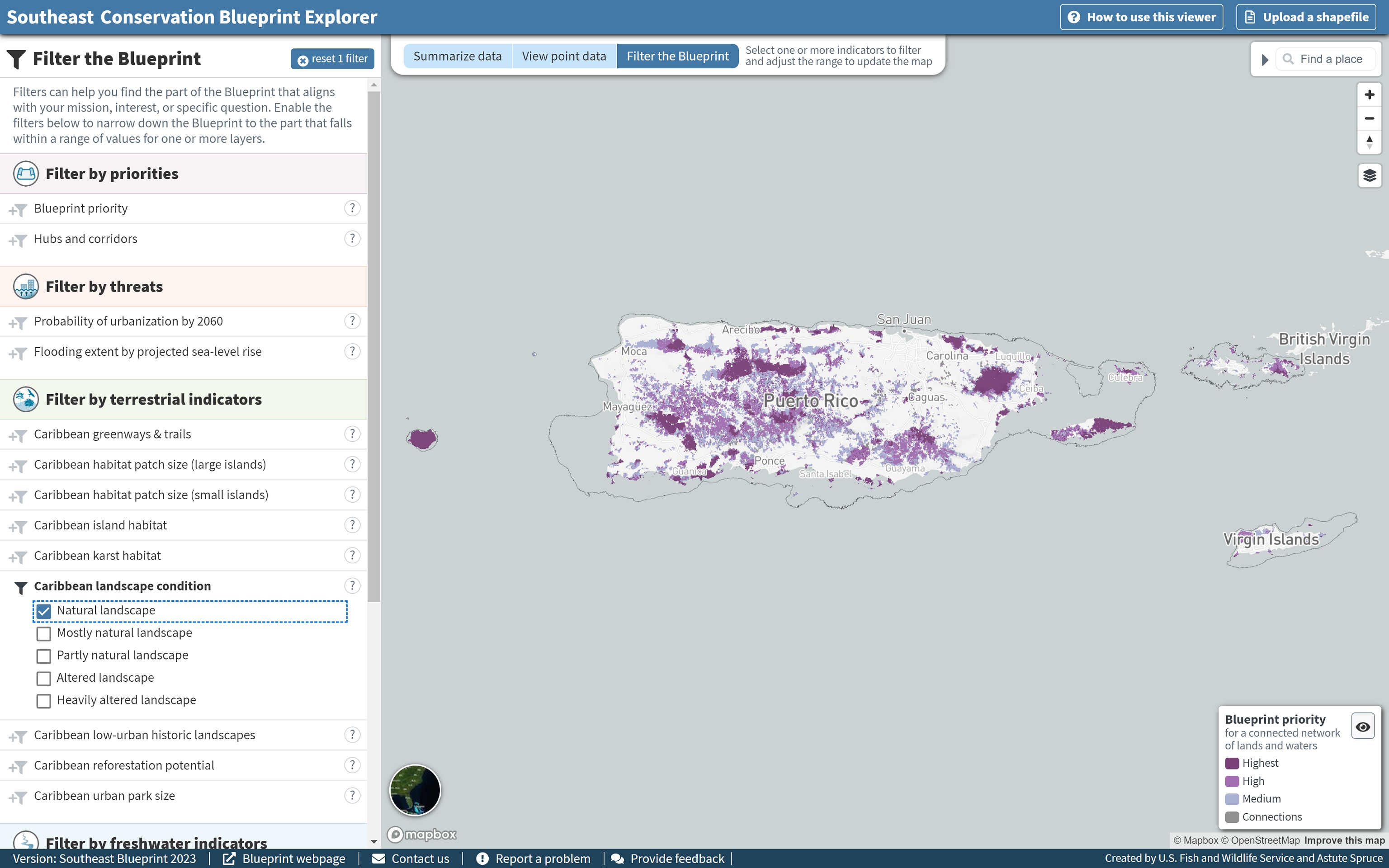 Screenshot of Explorer showing new filtering interaction, with the map zoomed into Puerto Rico and the U.S. Virign Islands, showing only the portion of the Blueprint that scores in the highest class of the Caribbean landscape condition indicator
