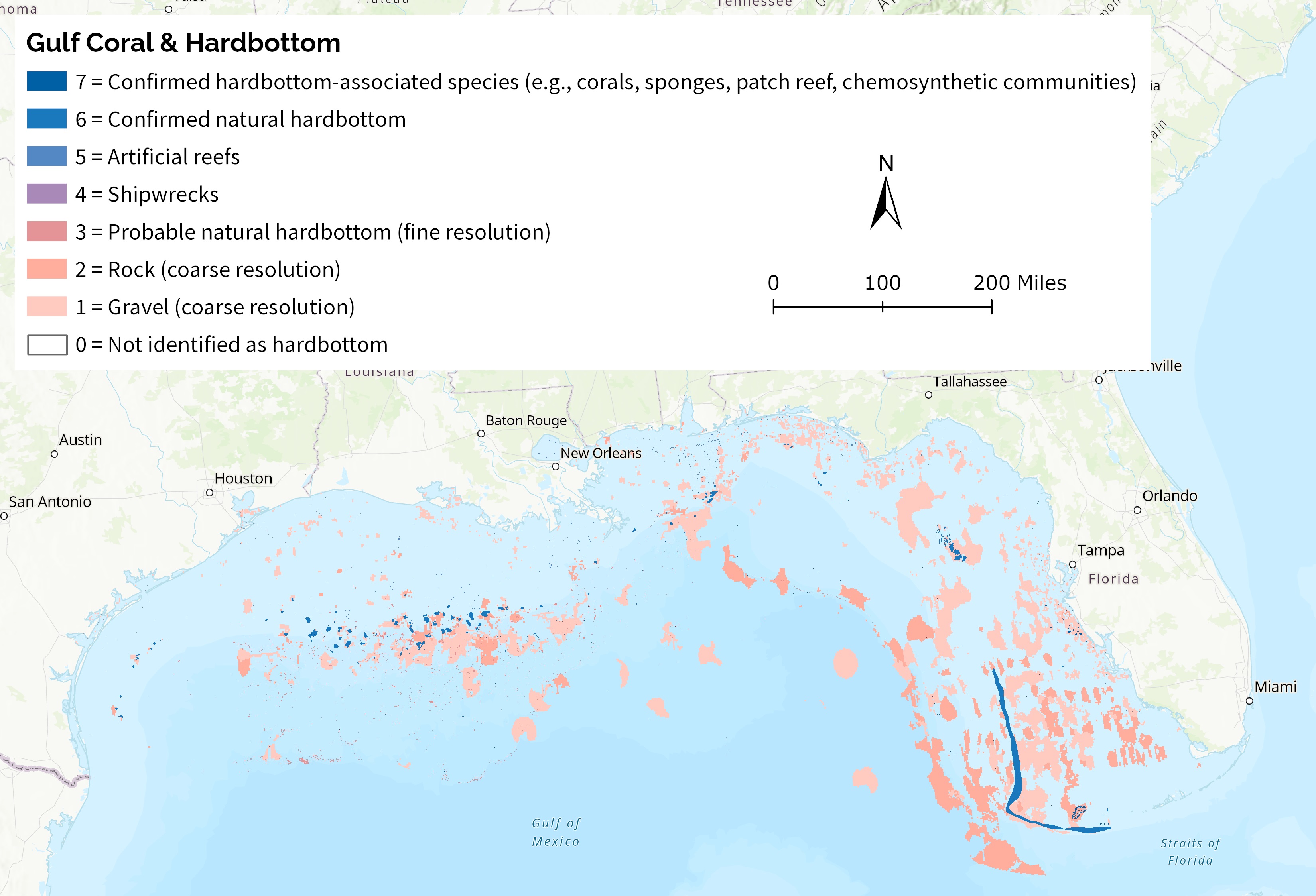 Map of the new Gulf coral and hardbottom indicator in shades of pink and blue, zoomed into the Gulf of Mexico.