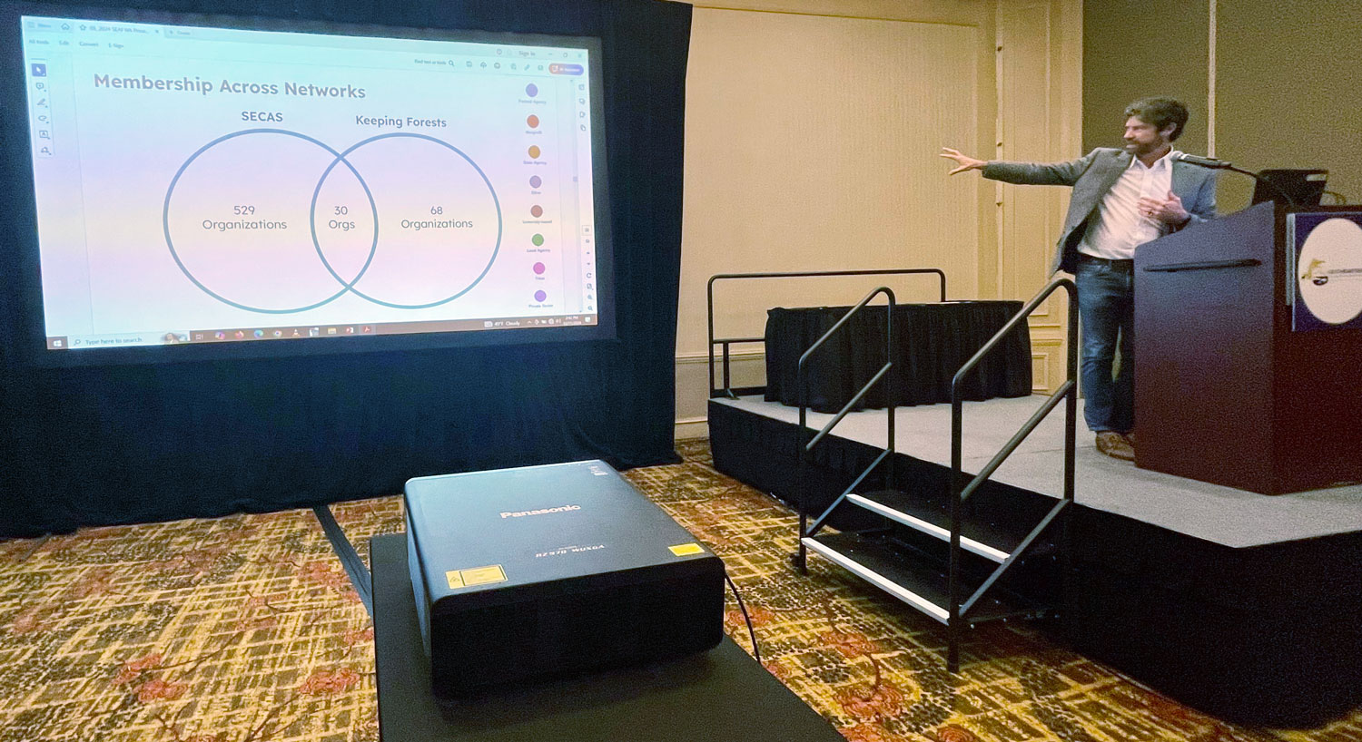 Man stands at a podium pointing to a slide on a projector screen.