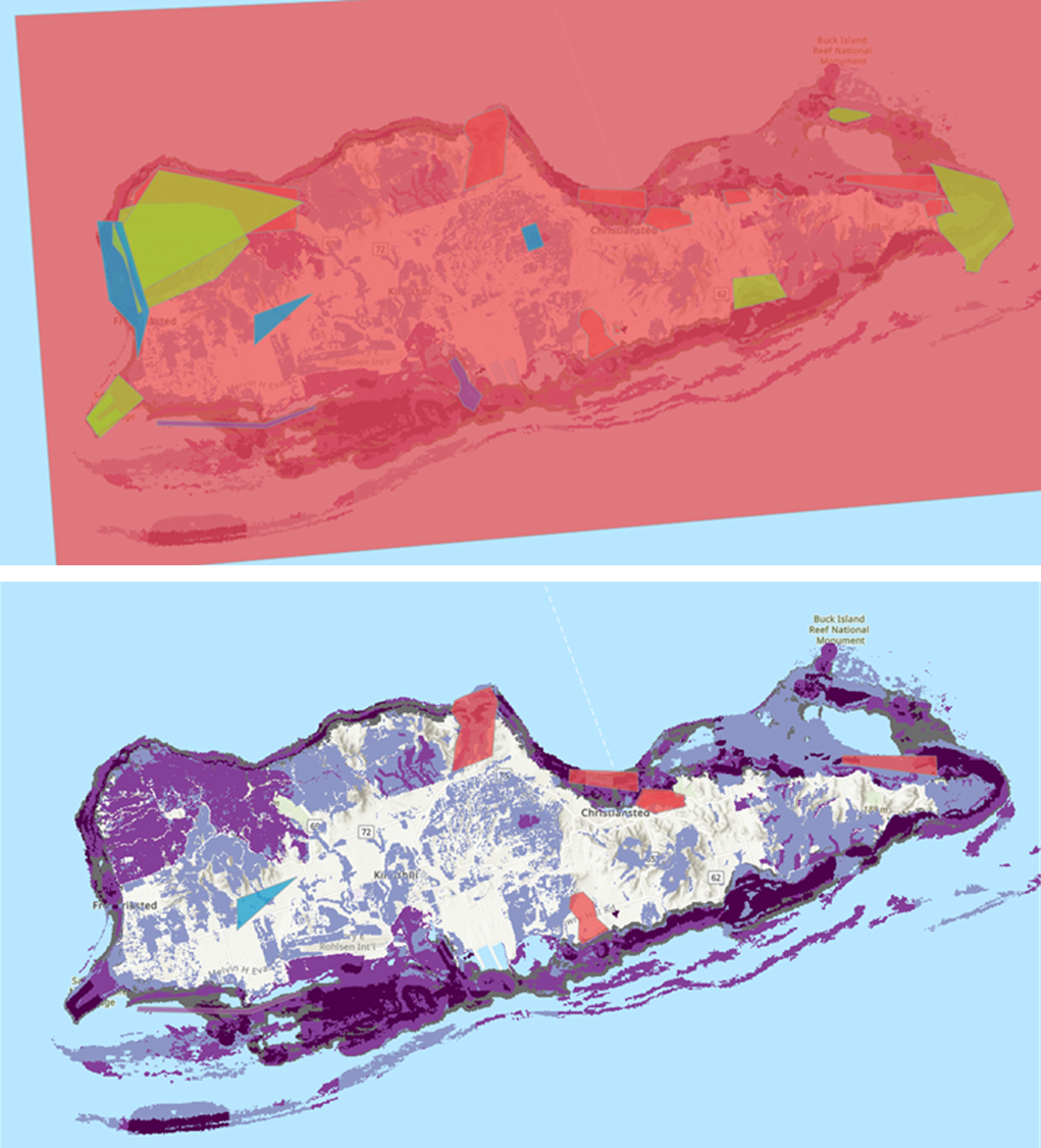 Two maps of St. Croix, USVI. The top one shows the known issues from Blueprint workshops, where the entire island is covered in feeback polygons. The bottom one shows the known issues that remained in the final Blueprint, where only a handful of polygons are still present.