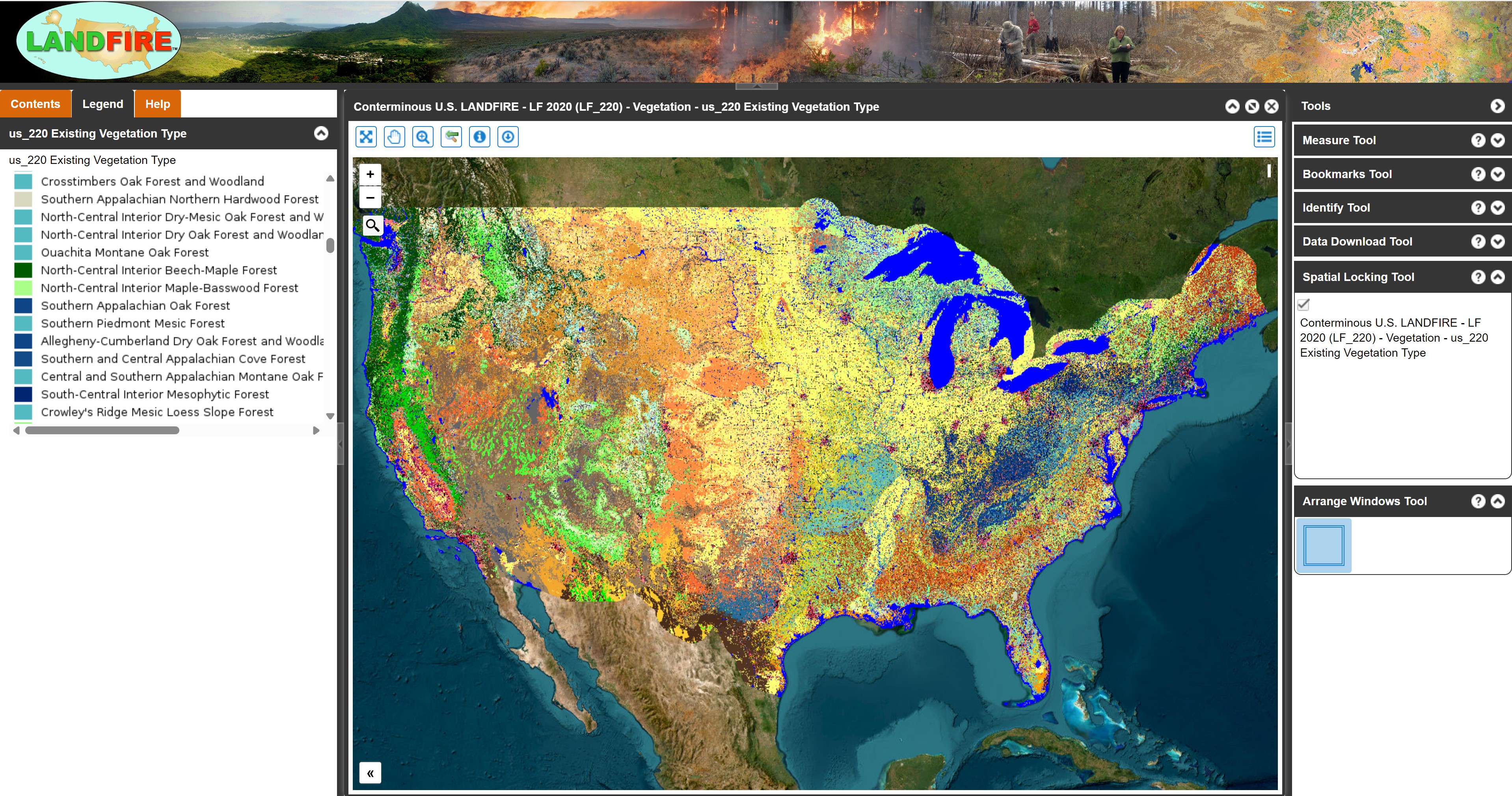 Screenshot of Landfire Existing Vegetation Type layer for the conterminous United States in the LANDFIRE map viewer.