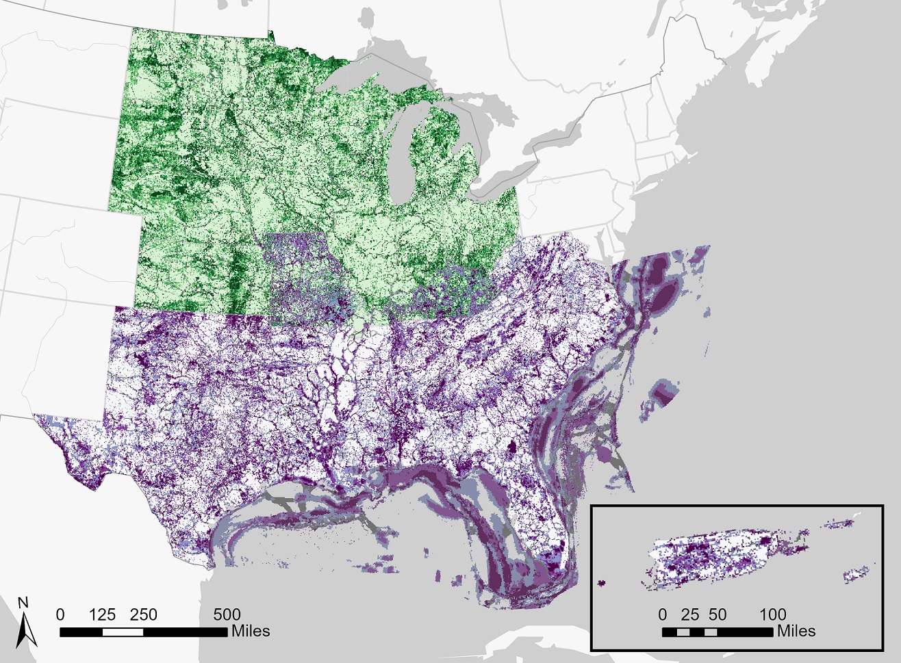 Map of the Southeast Blueprint in shades of purple and the Midwest Blueprint in shades of green.