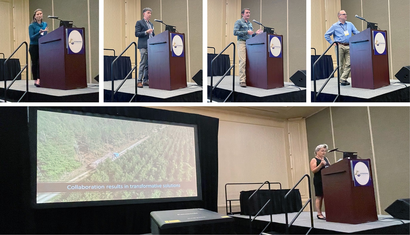 Collage of various people standing at a podium for lightning talk presentations.