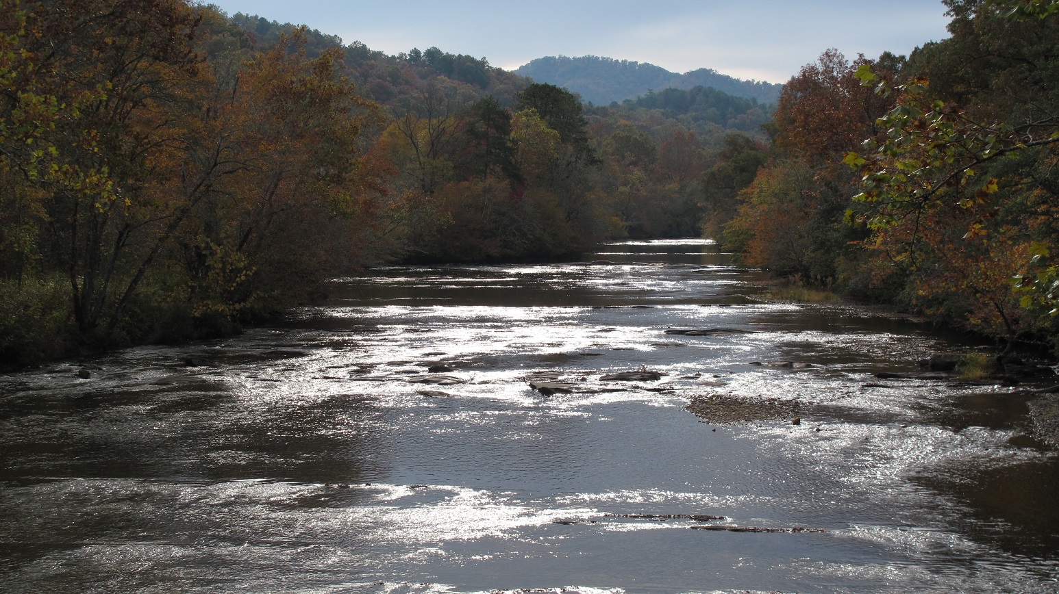 Photo of river lined with trees in the beginnings of fall color.