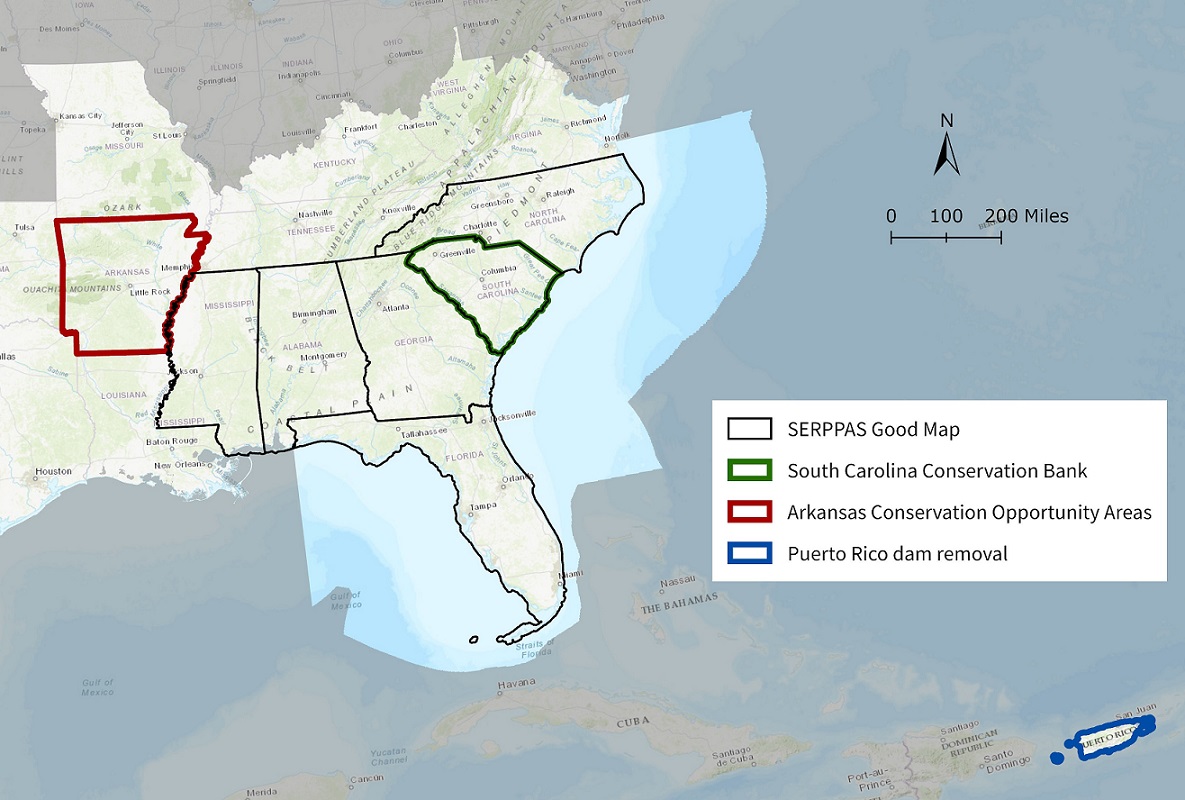 Map showing Blueprint uses in the North Carolina, South Carolina, Georgia, Alabama, Mississippi, Florida, Arkansas, and Puerto Rico.