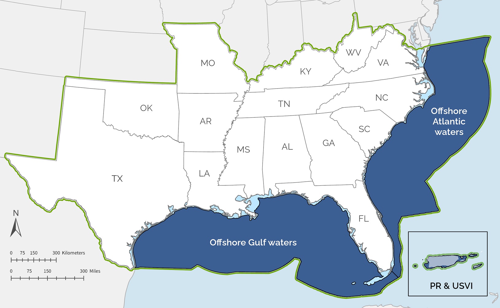 A map depicting the area covered by the Atlantic and Gulf marine workshops