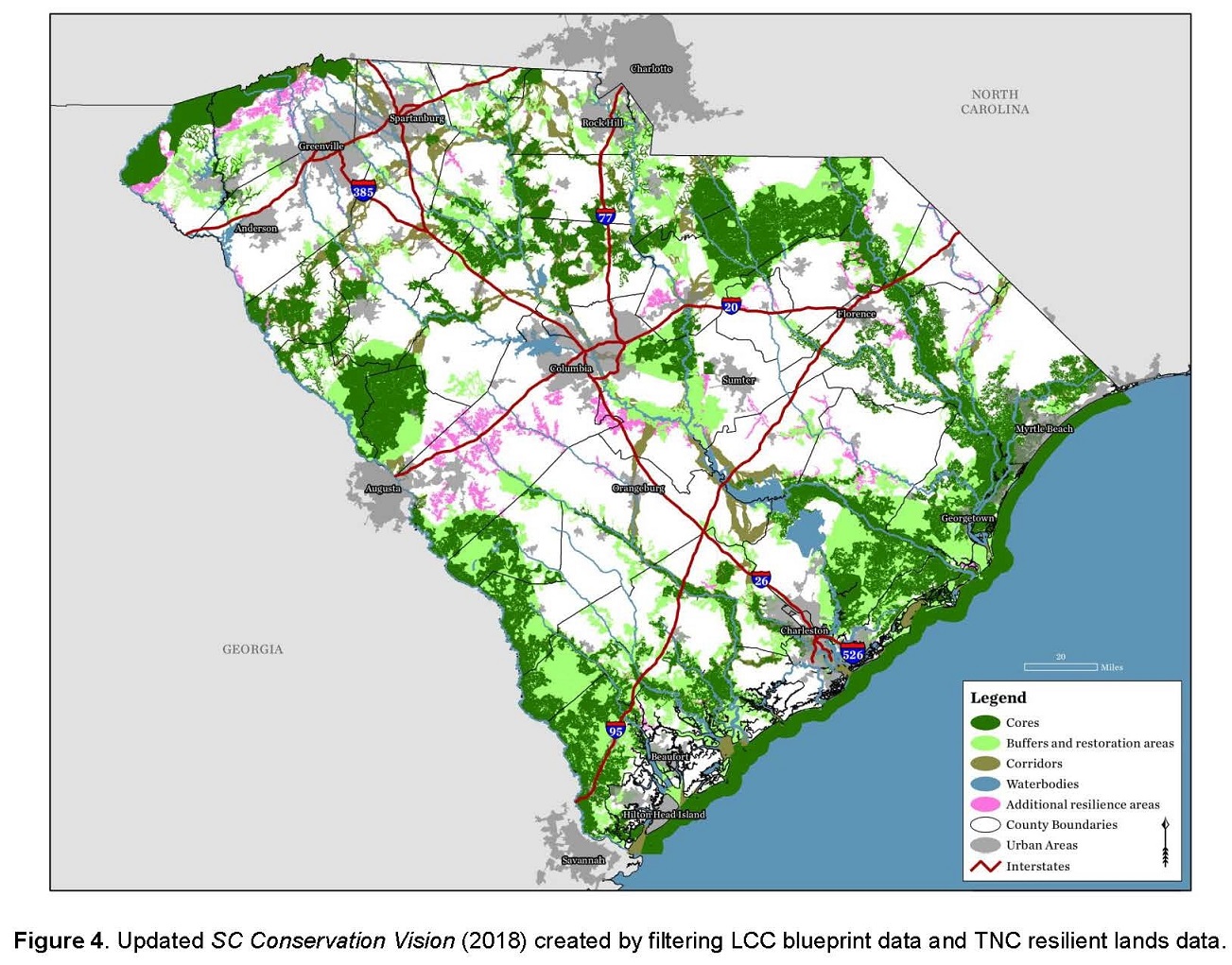 Map of the updated SC Conservation Vision, showing cores in dark green, buffers and restoration areas in light green, corridors in olive green, waterbodies in blue, additional resilience areas in pink, county boundaries in a black outline, urban areas in gray, and interstates as red lines. The caption on the image itself says 'Figure 4. Updated SC Conservation Vision (2018) created by filtering LCC blueprint data and TNC resilient lands data.'