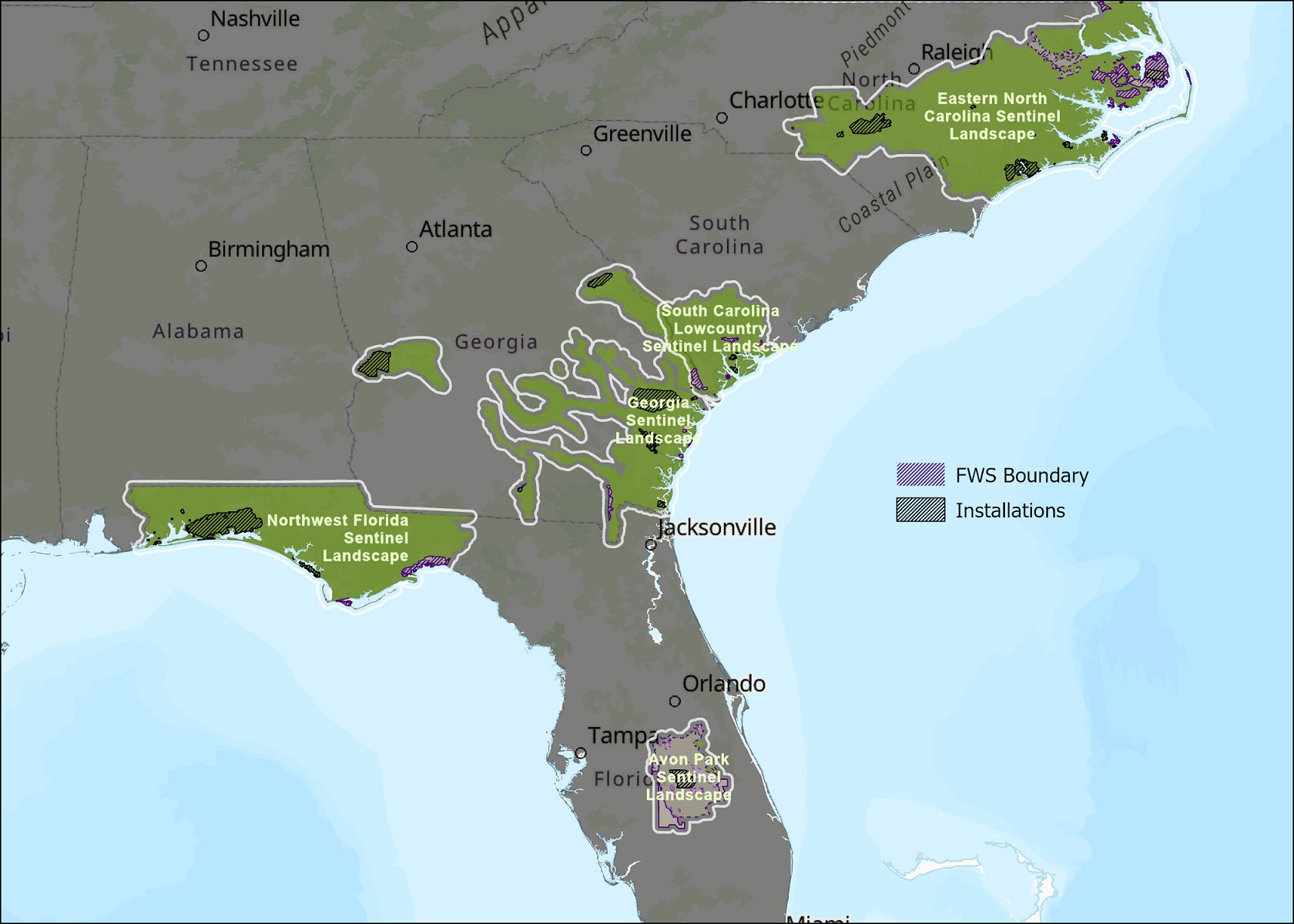 Map showing Sentinel Landscapes in green on a map of the Southeast