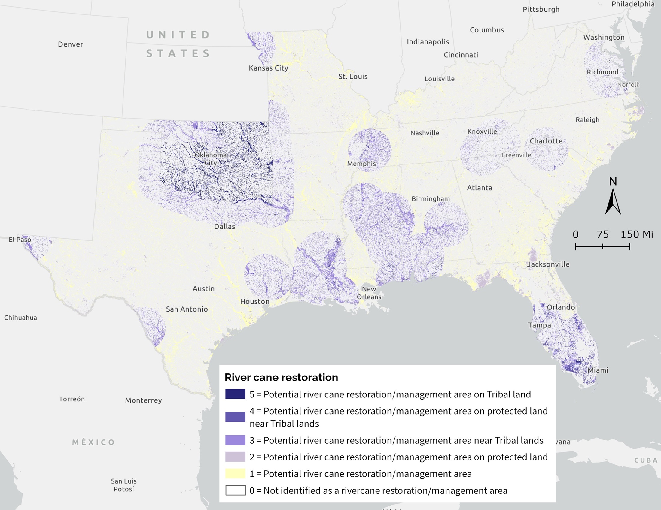 Map of rivercane indicator in shades of yellow and purple on a gray basemap of the Southeast
