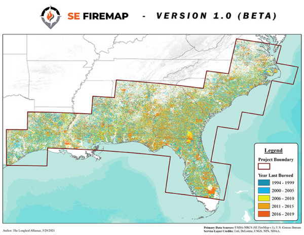 Map showing last year burned and the area of the SE FireMap 1.0 Beta.