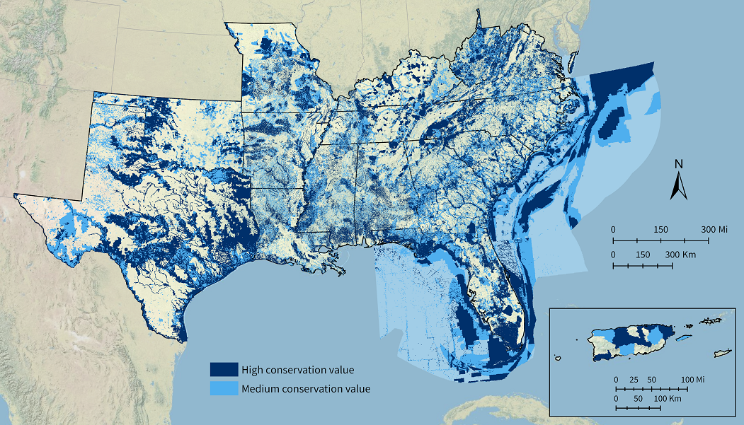 A map depicting key high value areas for conservation and restoration to achieve the SECAS goal. Map includes high and medium ranked areas from the Blueprint.