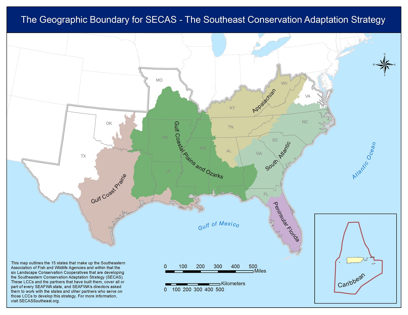 Map showing the six LCCS overlapping the bulk of the SECAS geography - Appalachian, South Atlantic, Peninsular Florida, Gulf Coastal Plains and Ozarks, Gulf Coast Prairie, and Caribbean.
