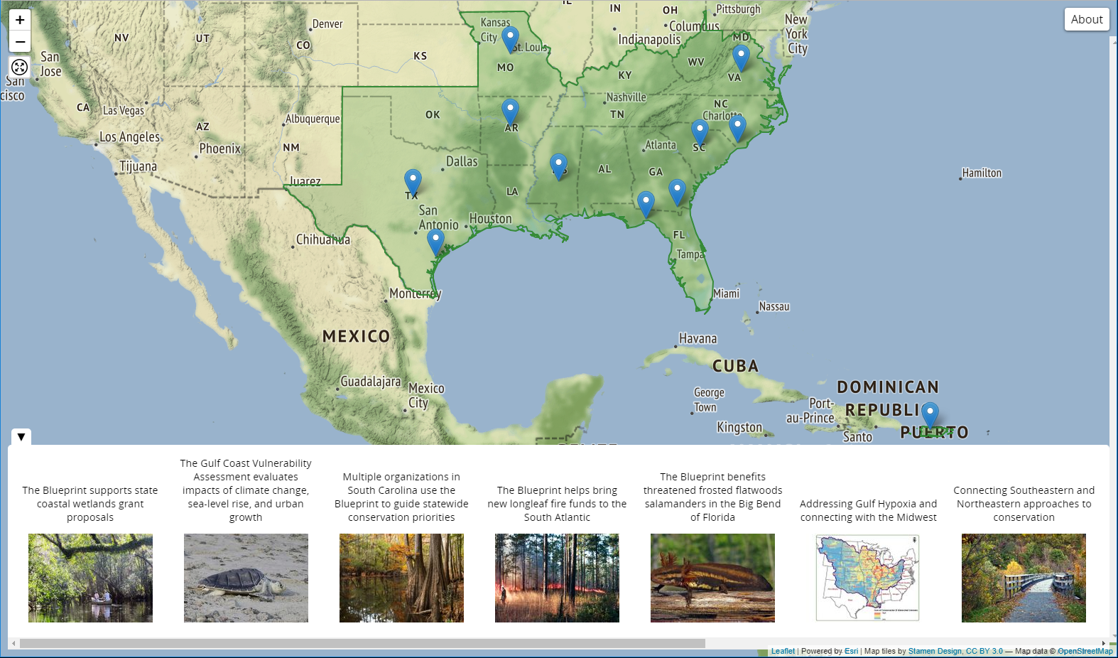 Screenshot of the story map showing the SECAS region highlighted in green, pins for the location of each story, and a bottom menu with a title and thumbnail image for each story.