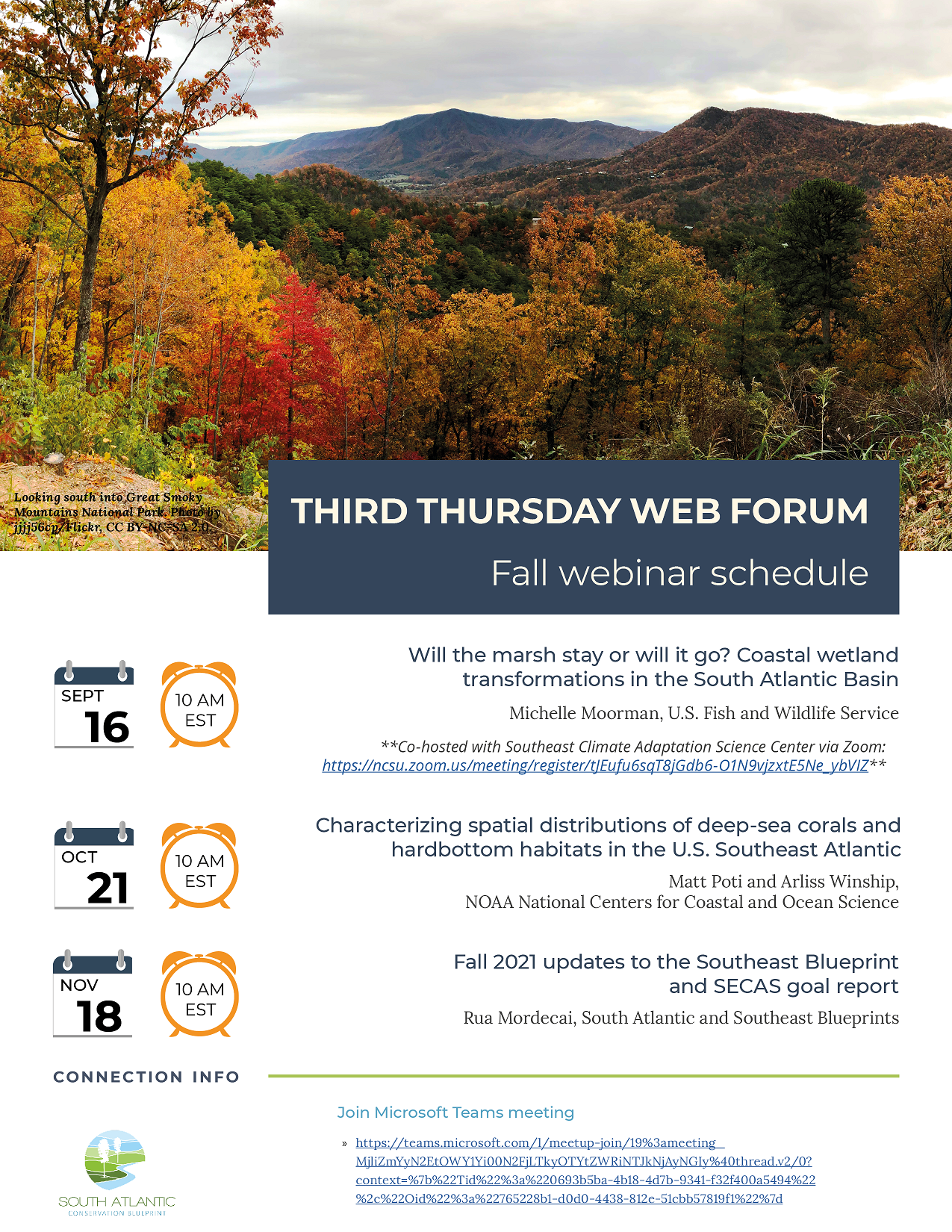 Flyer advertising fall webinar schedule for the third Thursday of September, October, and November at 10 am Eastern.