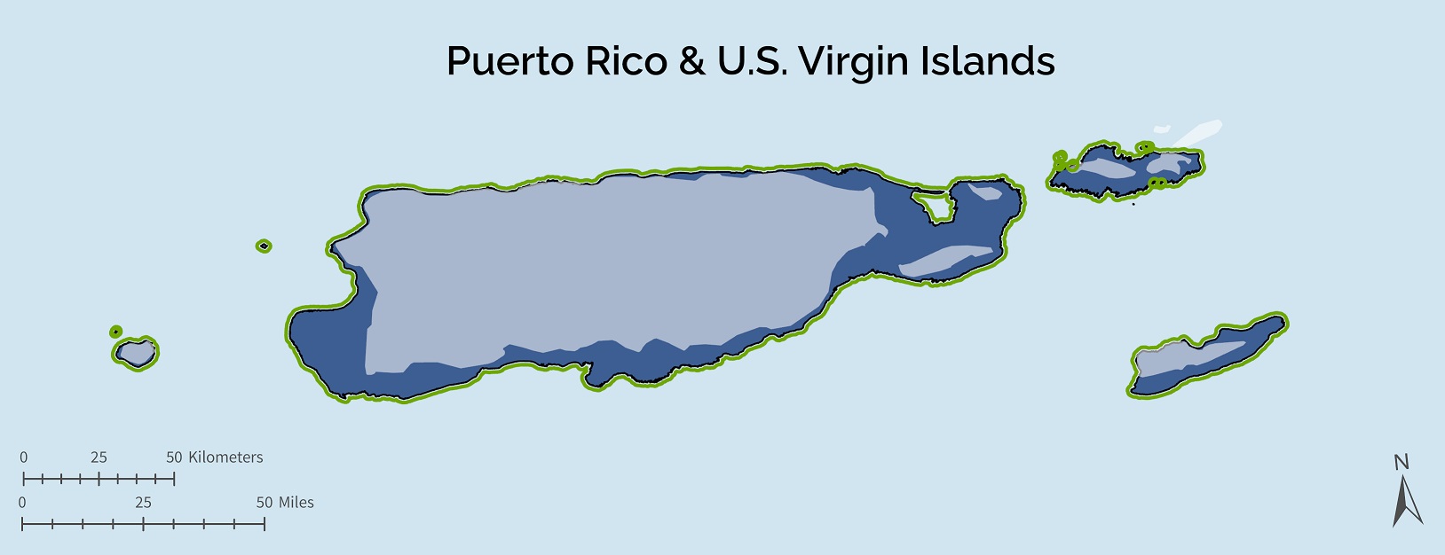 A map depicting the area covered by each U.S. Caribbean workshop