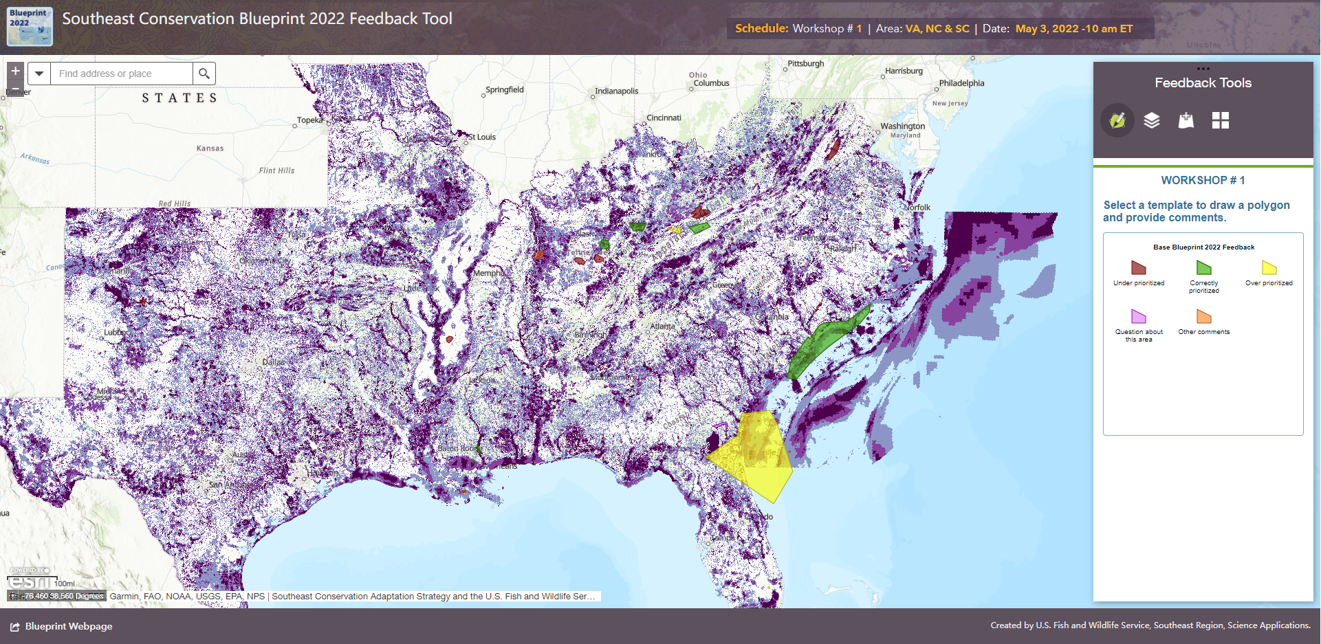 Screenshot of an interactive mapping tool that shows a map of the Blueprint in shades of purple, and a sidebar that enables drawing polygons for different types of feedback.