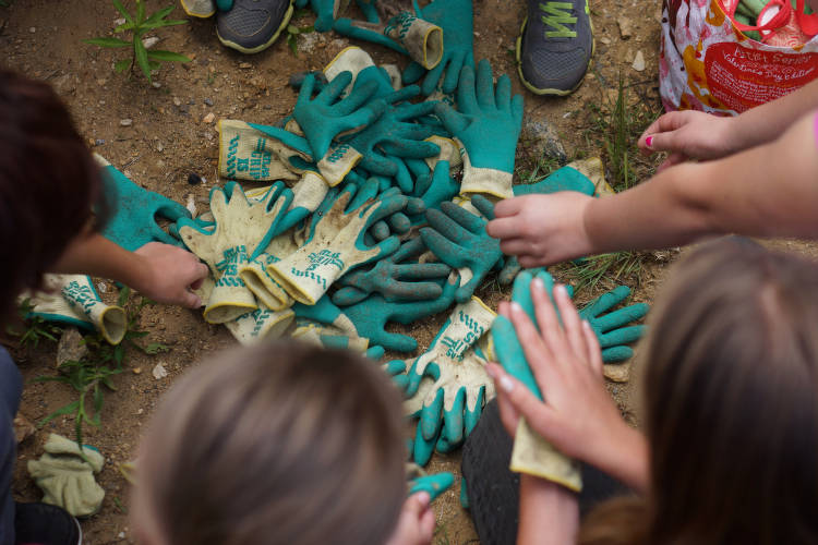 Pile of green gloves sitting in the middle on the ground surrounded by hands reaching in.
