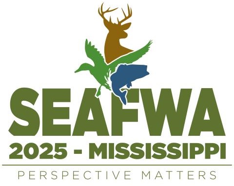 The logo for the SEAFWA 2025 conference which says 'SEAFWA 2025 - Mississippi - Perspective matters' in green text accompanied by the sillhouette of a deer, duck, and fish