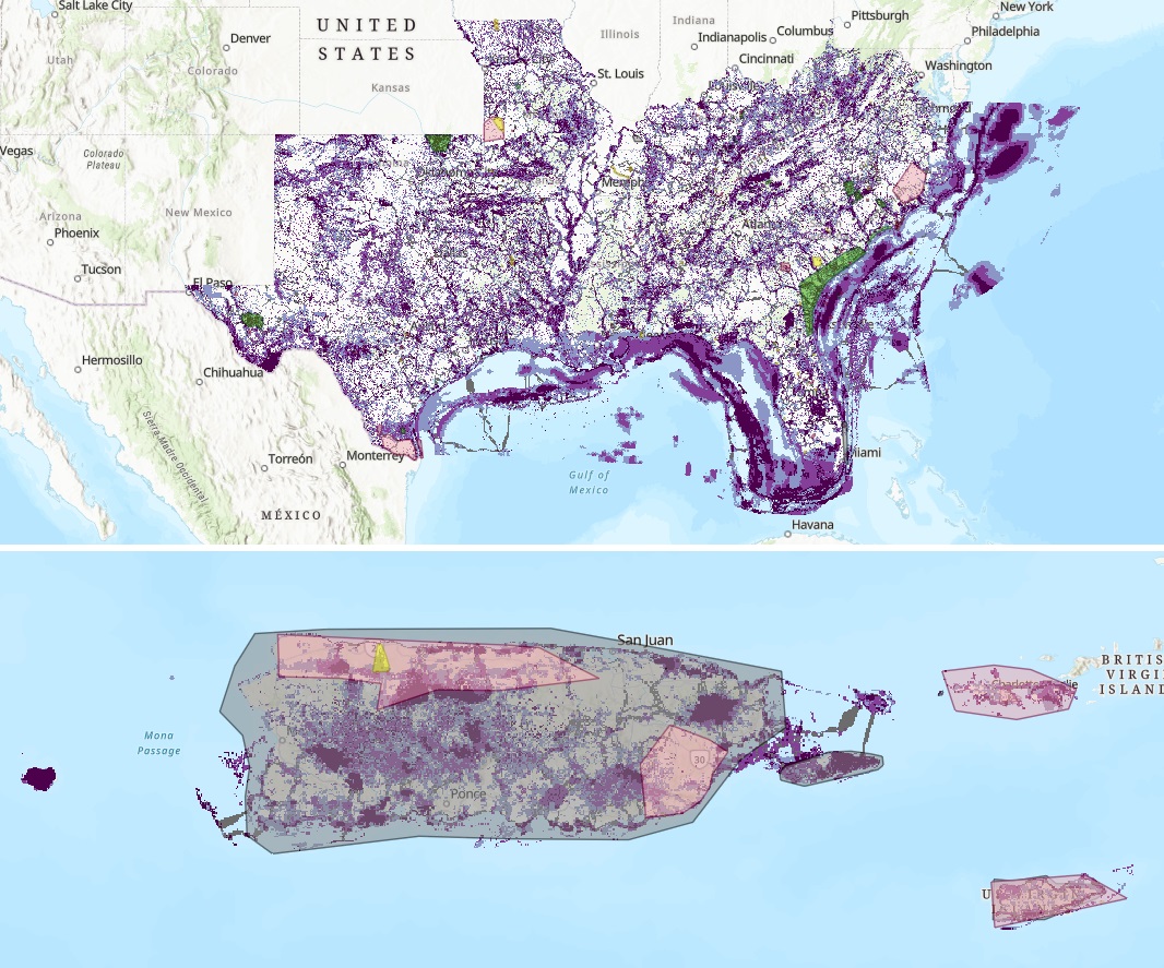 Map of the Southeast Blueprint in shades of purple with multicolored polygons drawn on top of it, representing spatially explicit workshop comments.