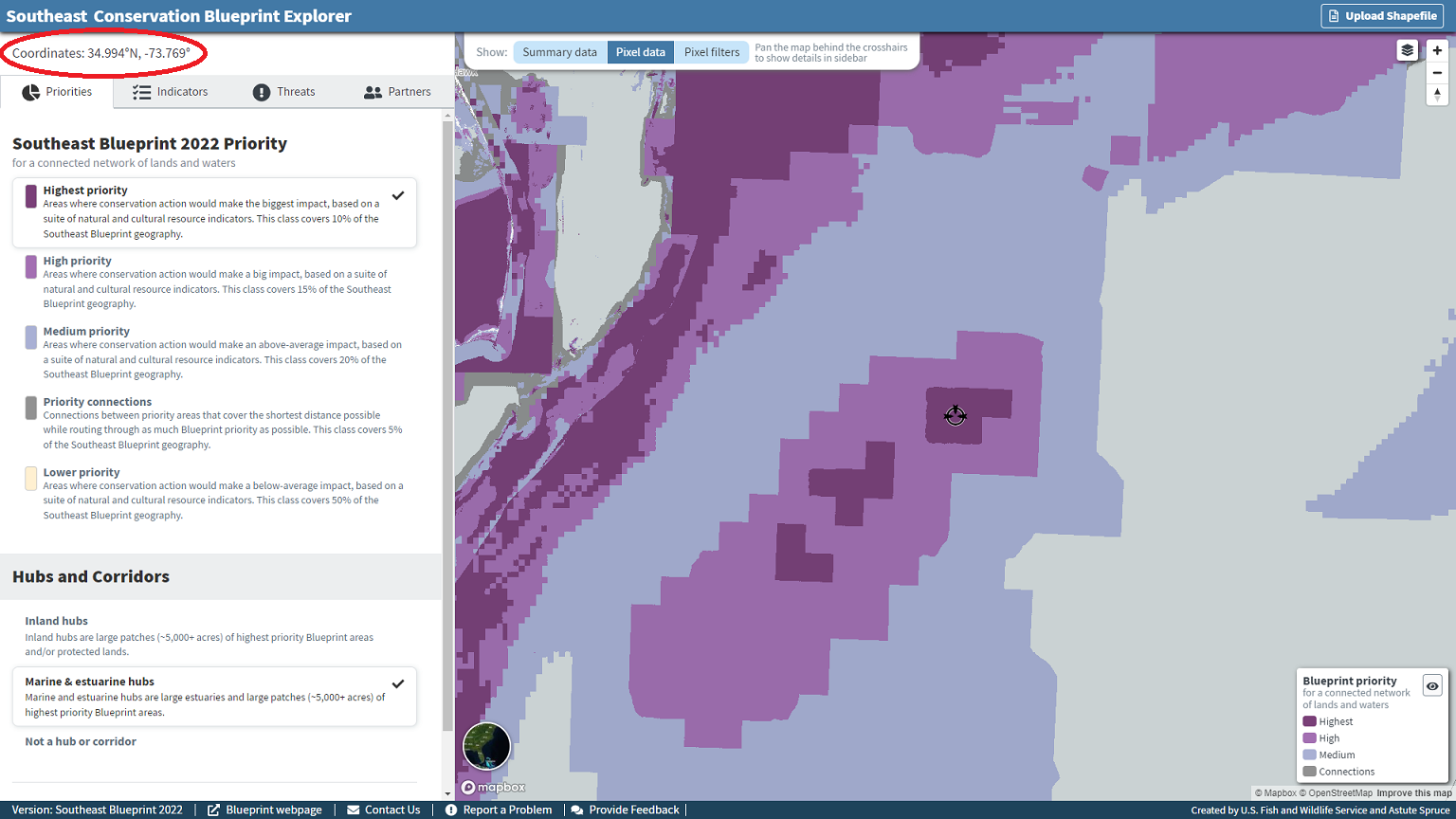 Screenshot of the viewer in pixel mode with a red circle around the latitude and longitude displayed for the bulls-eye