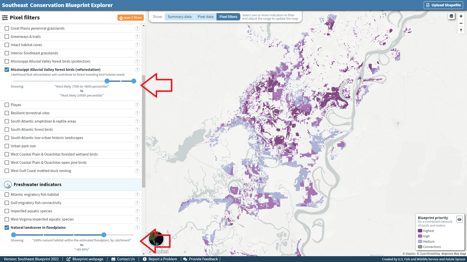 Screenshot of the viewer with red arrows pointing to the two selected filters, natural landcover in floodplains and Mississippi Alluvial Valley Forest Birds - Reforestation