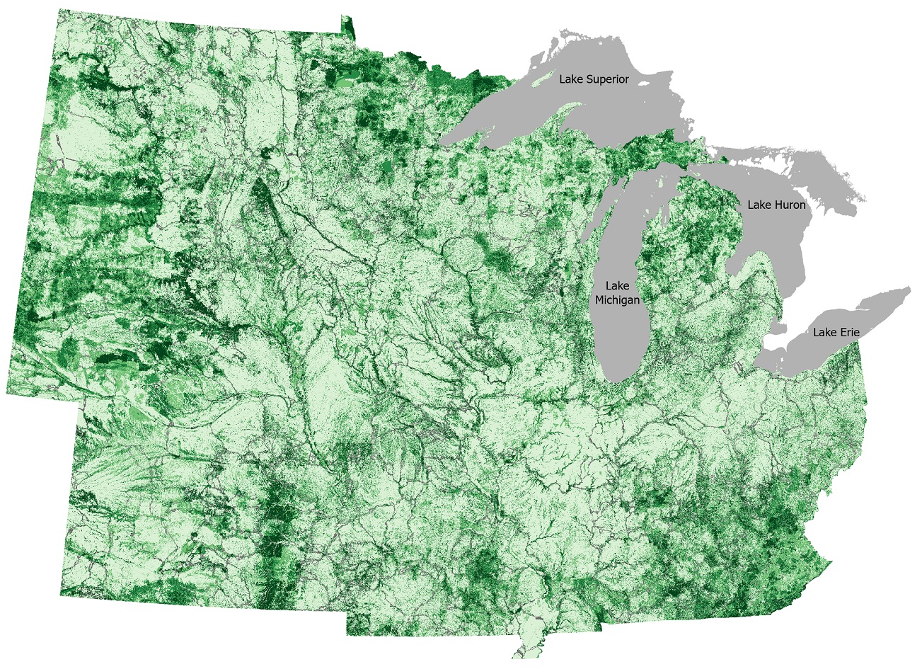 Map of the Midwest Conservation Blueprint in shades of green.
