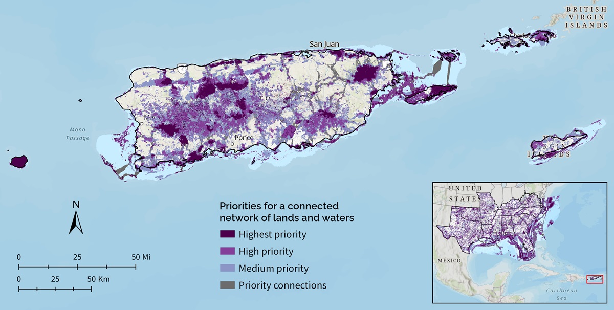 Map of the Southeast Blueprint in the Caribbean with shades of purple and gray across a blue and green basemap, focused on Puerto Rico and the U.S. Virgin Islands.