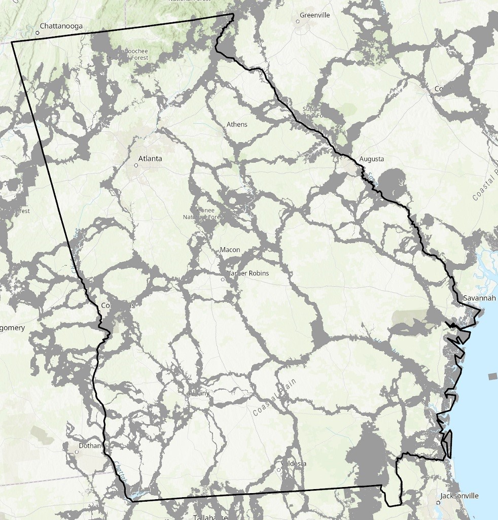 Map of Georgia showing the network of corridors in the current 2020 South Atlantic Blueprint in gray.