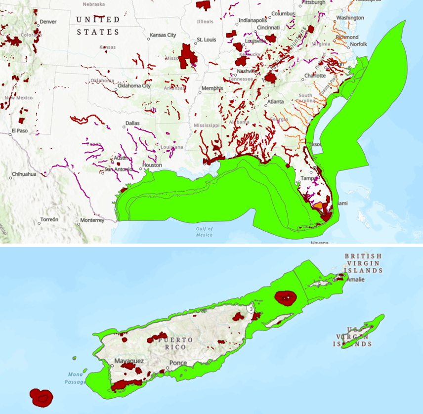 Maps of critical habitat for the continental Southeast and U.S. Caribbean showing numerous colorful polygons and lines covering much of the geography