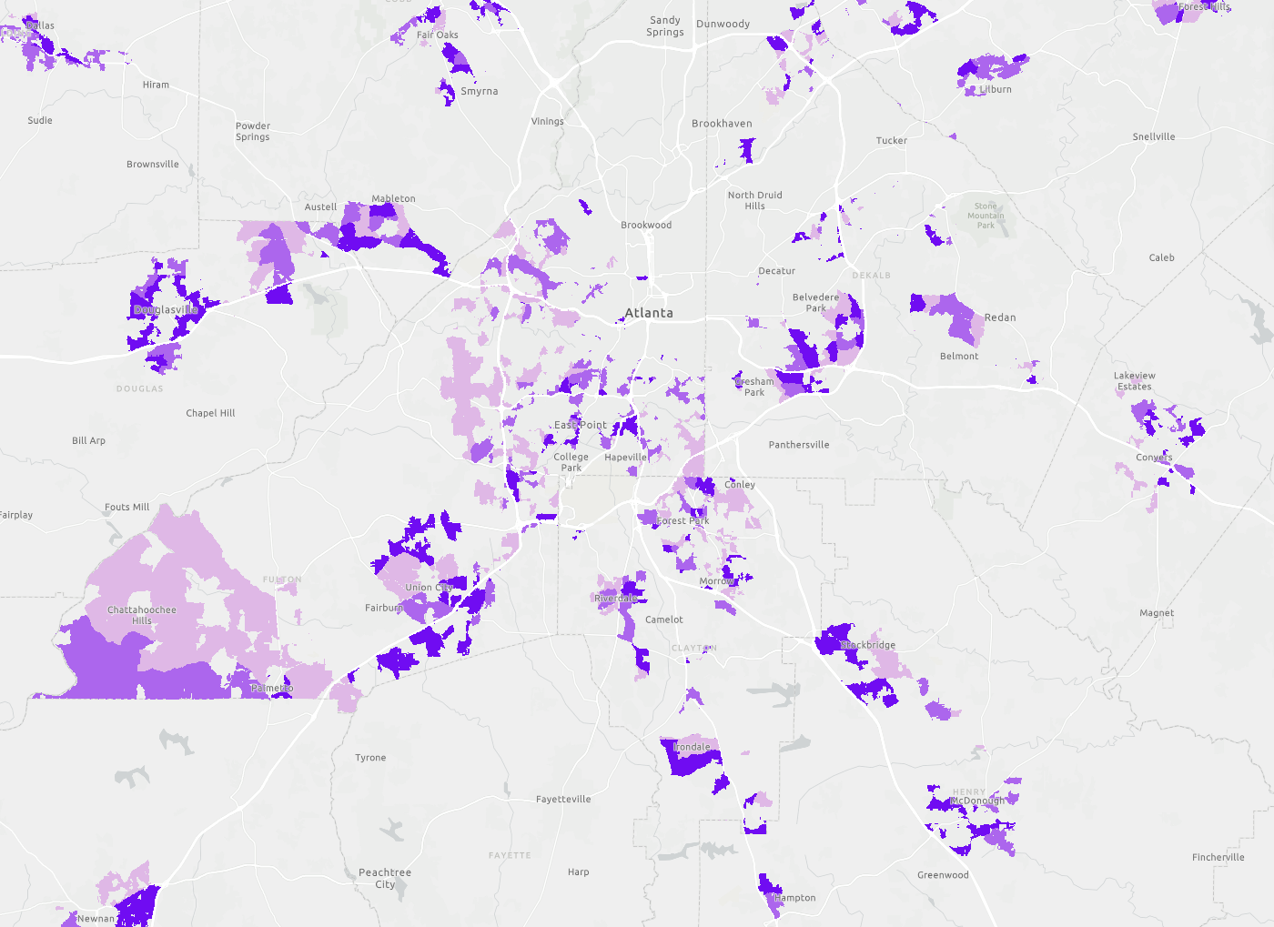 Map of the equitable access to potential parks indicator around Atlanta, GA, showing shades of purple on a gray base map.