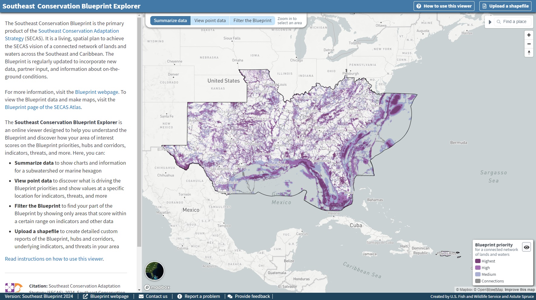 Screenshot of the Blueprint Explorer viewer showing an informational sidebar on the left and a map of the Blueprint in shades of purple on a gray basemap.