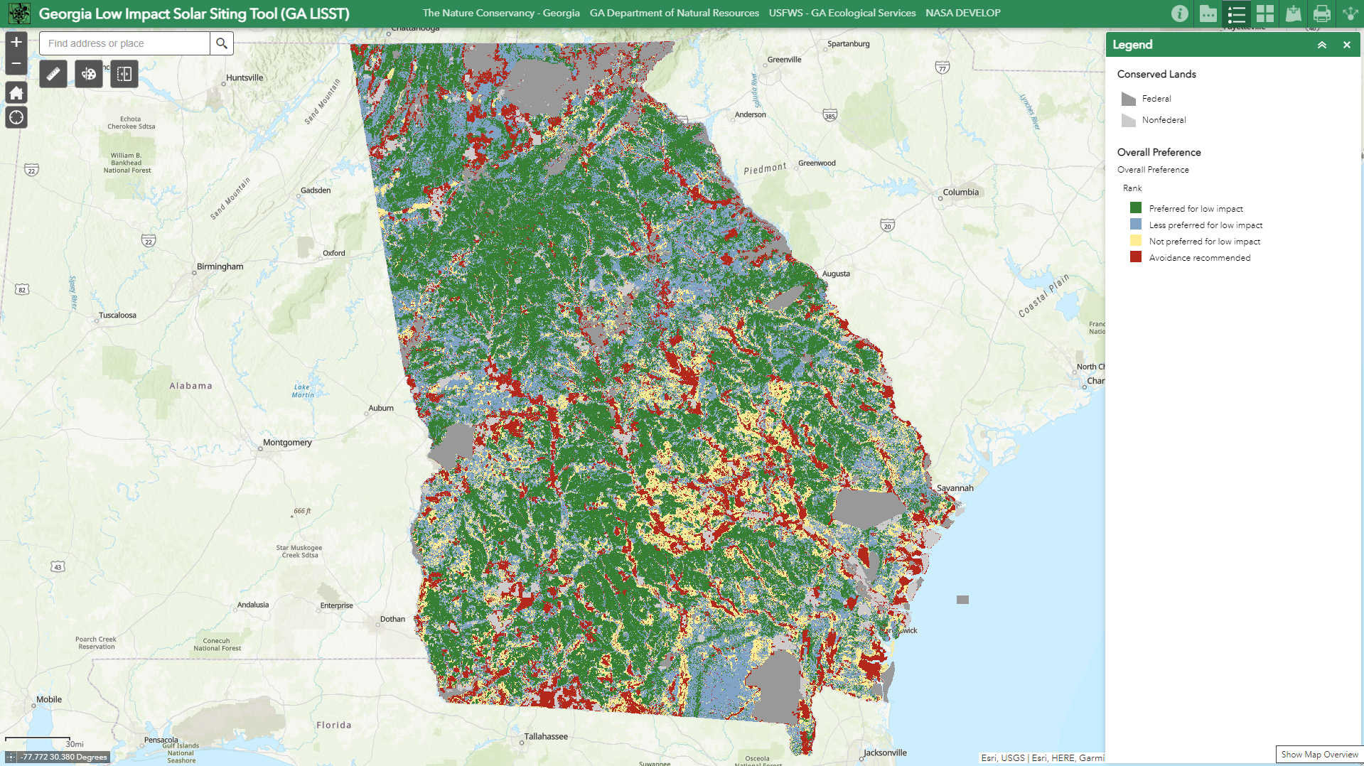 A screenshot of the Georgia Low Impact Solar Siting Tool showing a map with green representing preferred for low impact, blue representing less preferred for low impact, yellow representing not preferred for low impact, and red representing avoidance recommended.