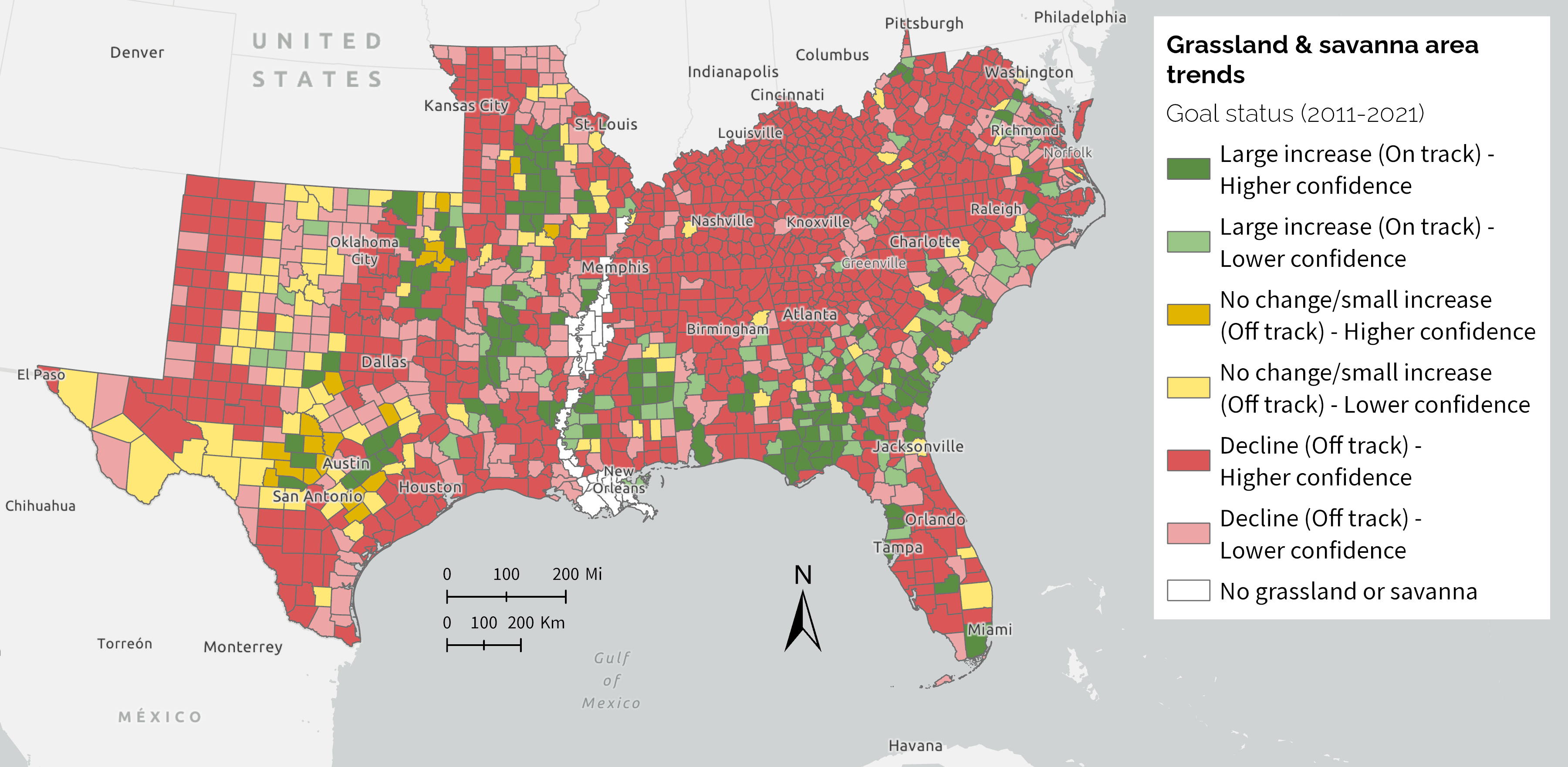 Map of grassland and savanna area trends showing mostly declining trends across the Southeast. Tabular data associated with this map is available in the pdf report.