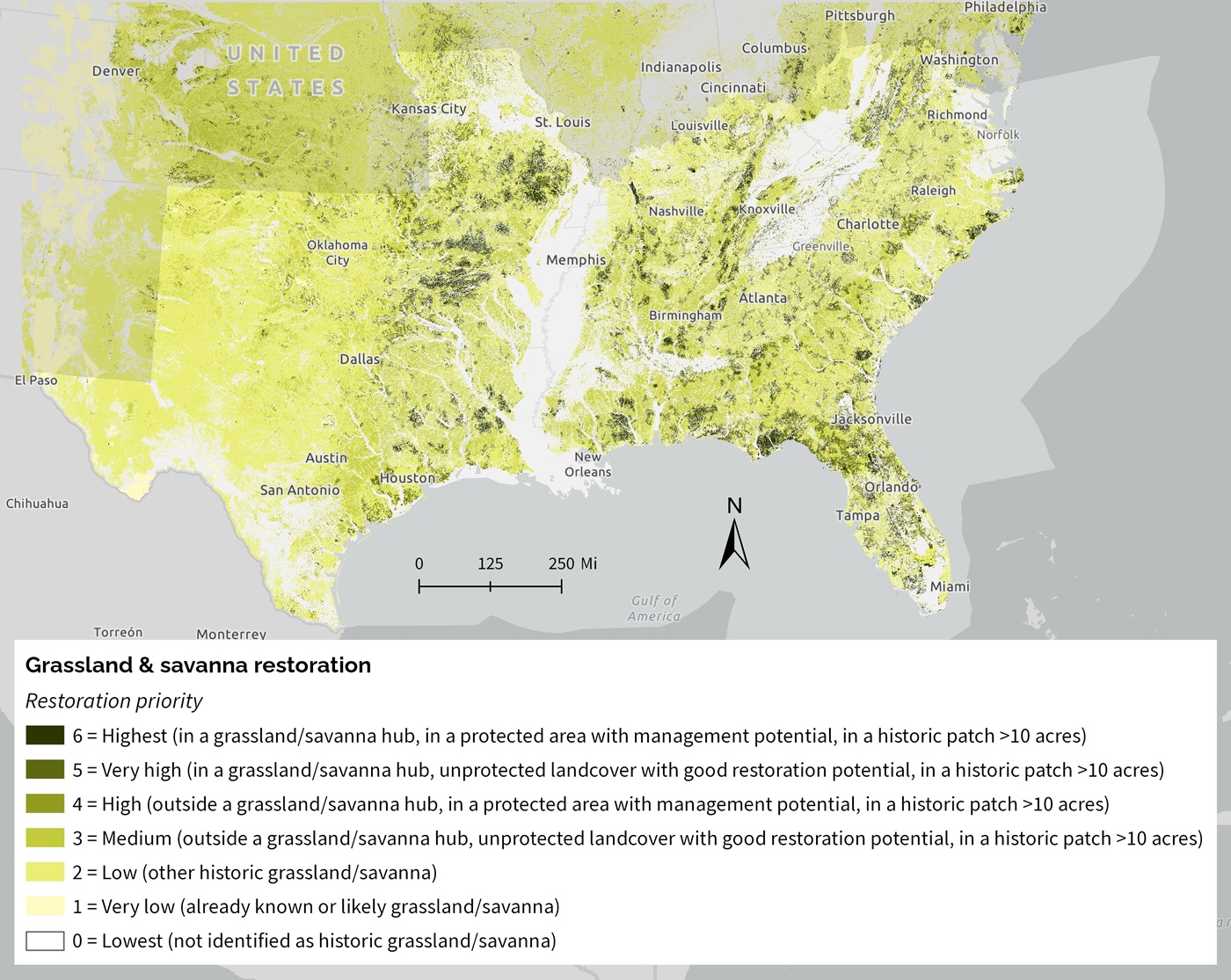 Map of the Southeast with the grassland and savanna restoration indicator shown in shades of green.