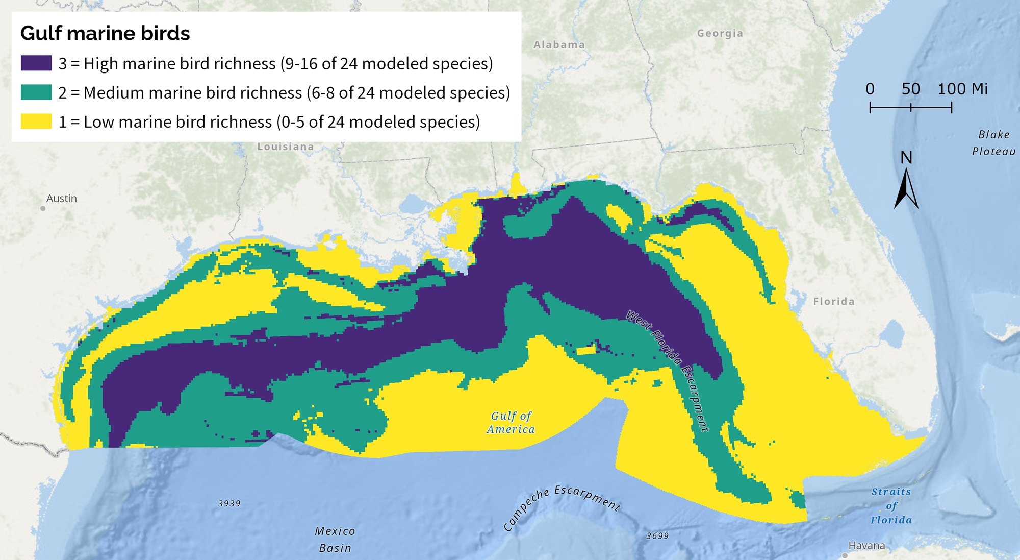 Map of new Gulf marine birds indicator in shades of yellow and blue. 