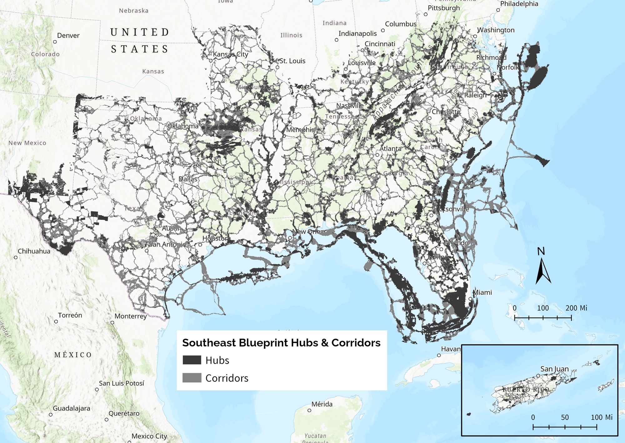 Map of hubs and corridors in continental Southeast and Caribbean. Dark gray hubs and light gray corridors on top of a gray basemap.