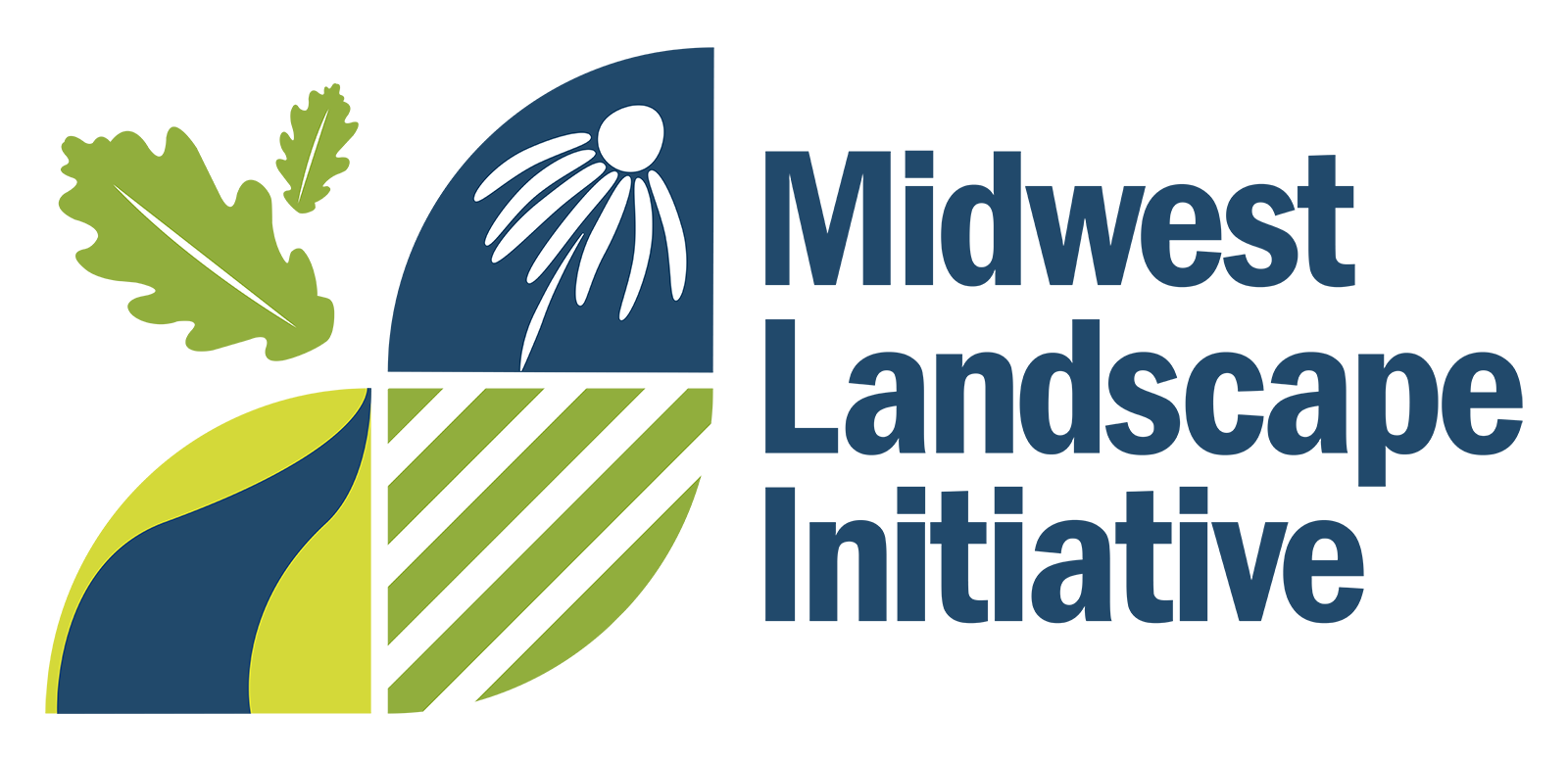 Midwest Landscape Initiative Logo in shades of blue and green showing a river, oak leaf, agricultural field, and coneflower.