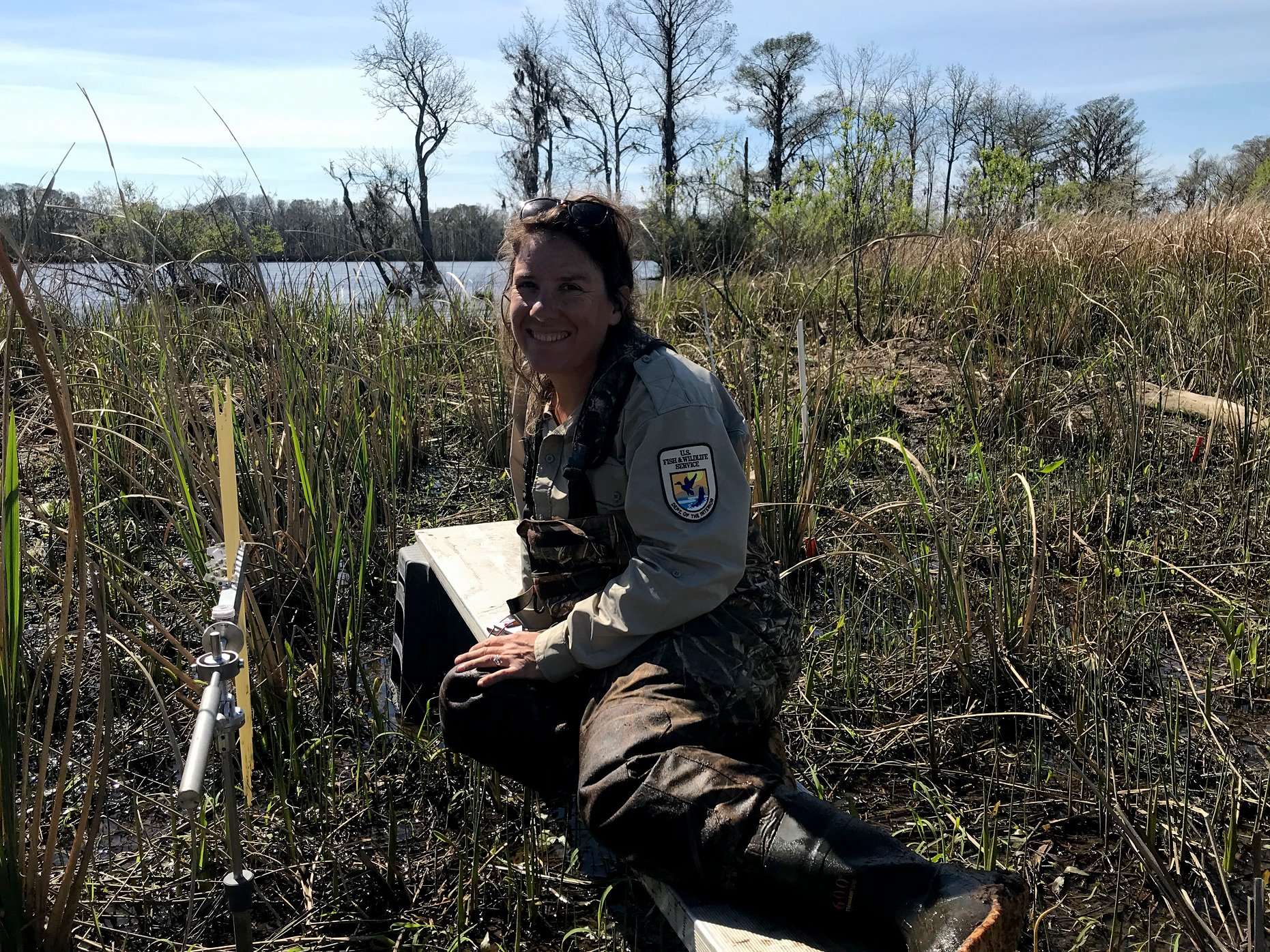 Michelle Moorman monitors a SET station. She sits on a board next to the Surface Elevation Table apparatus, surrounded by marsh habitat, and smiles at the camera.