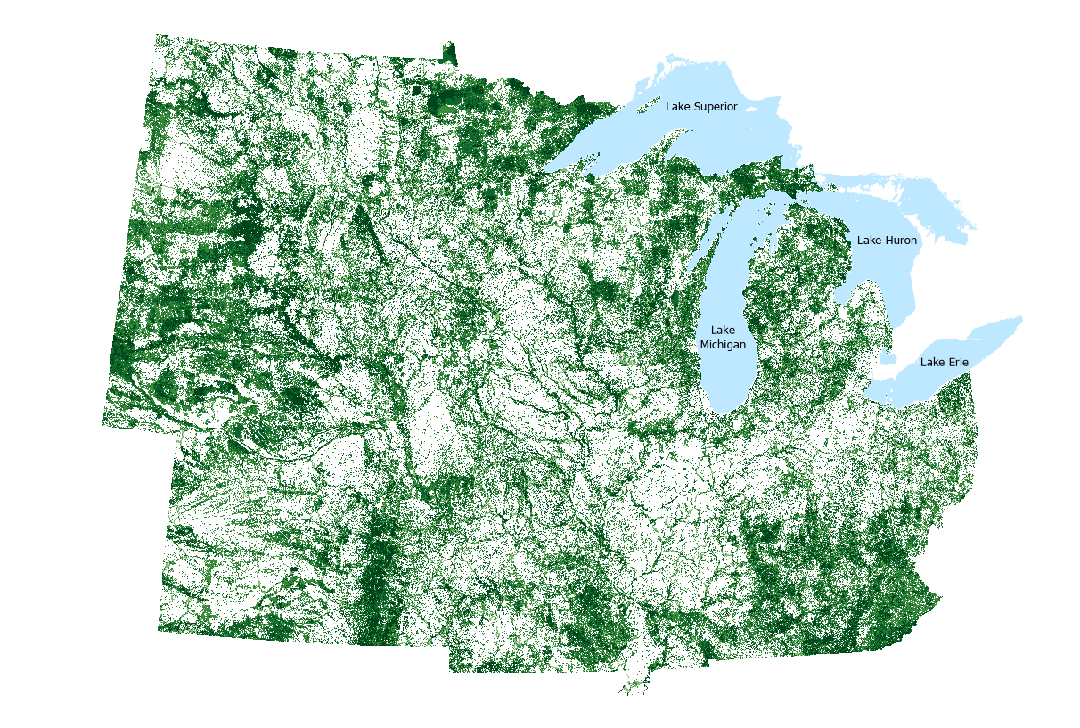 Map of the Midwest Conservation Blueprint in shades of green.