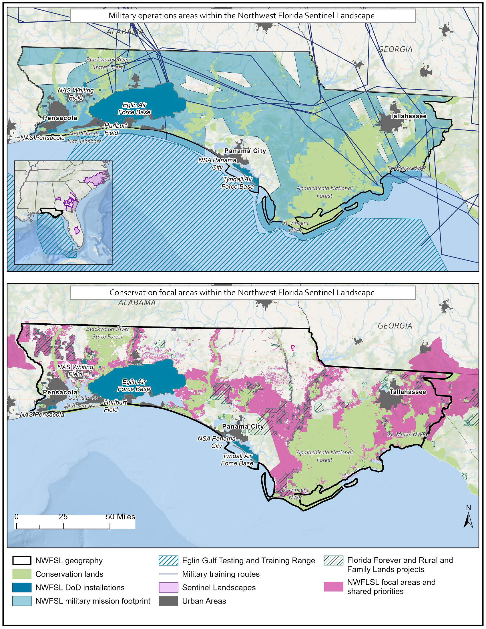 Map of the military operations areas and conservation focal areas within the Northwest Florida Sentinel Landscape.